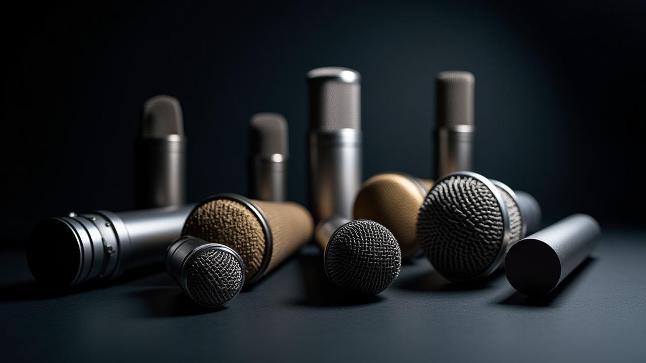 Colección de micrófonos profesionales de estudio de diferentes tipos.