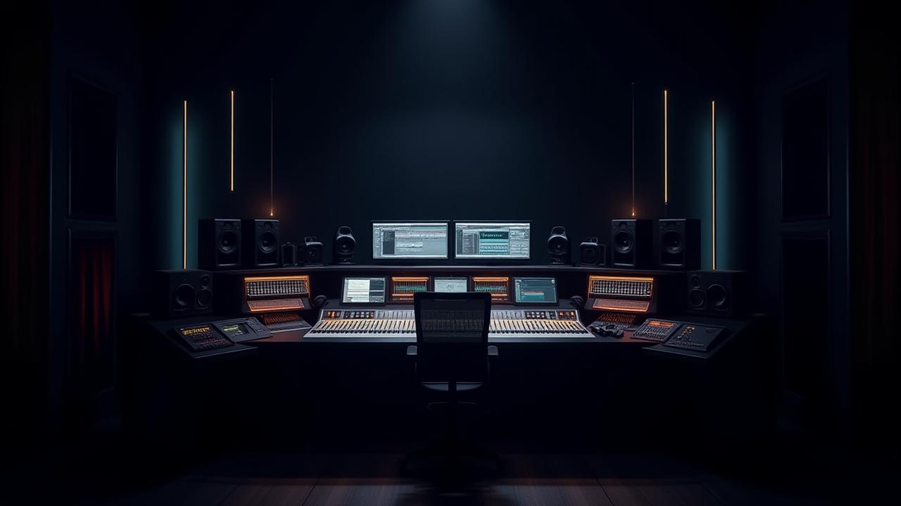 Sala de control con una consola de mezcla de alta gama y monitores de estudio.