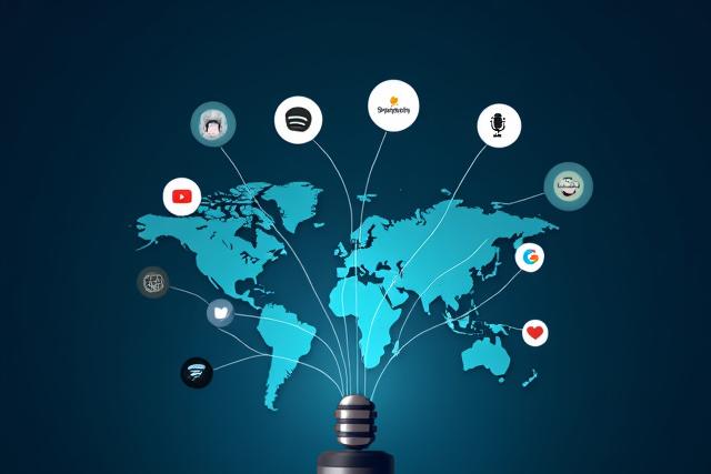 Ilustración de varios iconos de plataformas de podcast como Spotify y Apple Podcasts, con flechas de distribución.